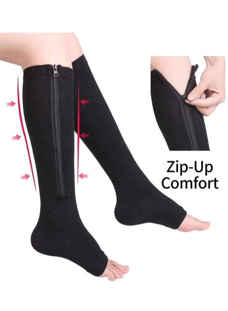 15 to 20mmHg Compression Socks 2 Pairs Toeless with Copper Fiber Open Toe Knee High Support Stockings with Zipper for Men and Women Flesh and Black - Image 5
